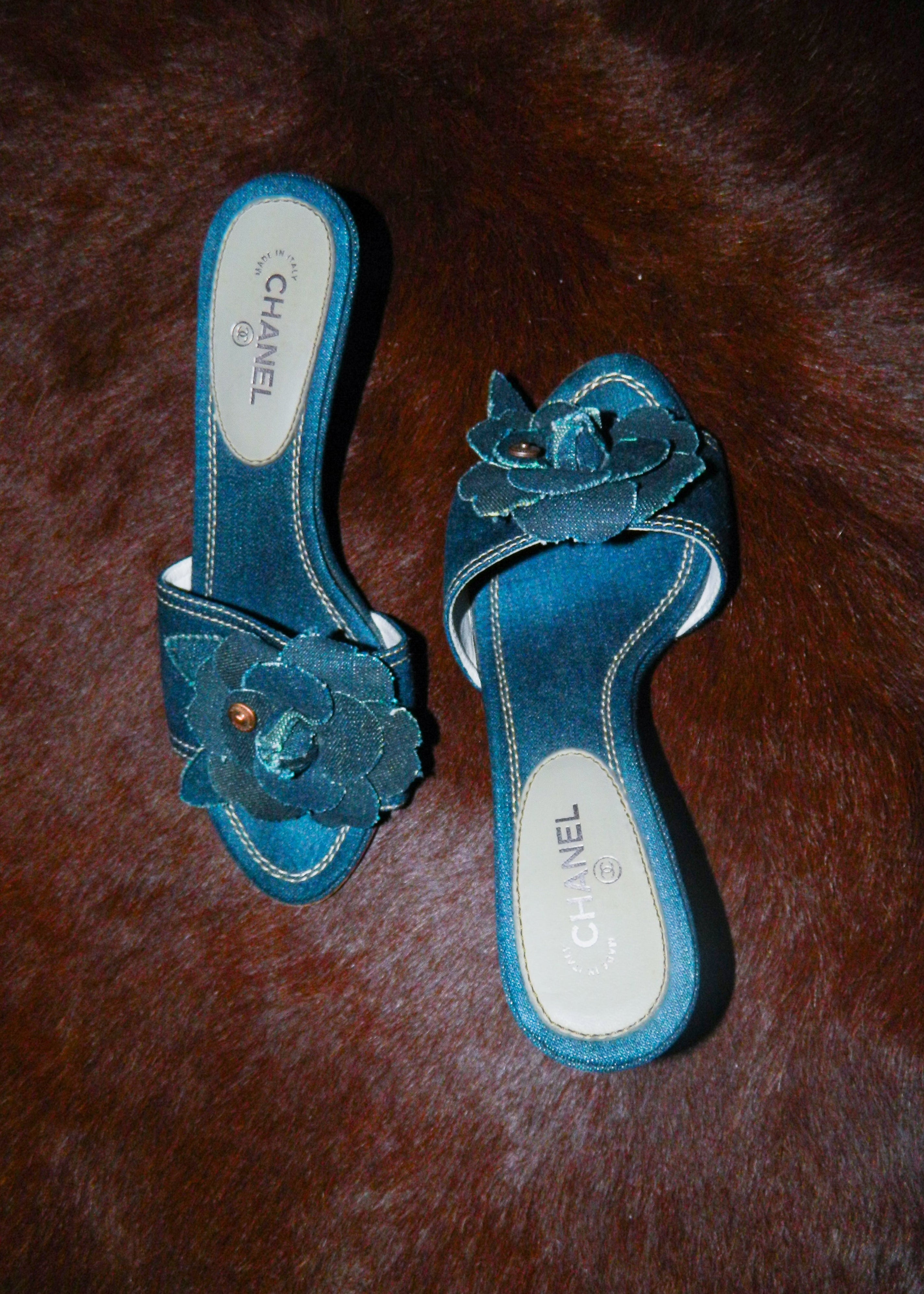 CHANEL 2007 CAMELIA DENIM HEELS