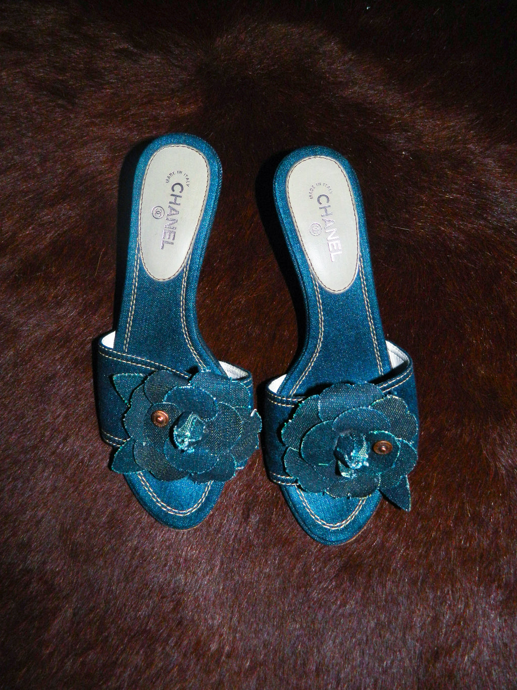 CHANEL 2007 CAMELIA DENIM HEELS