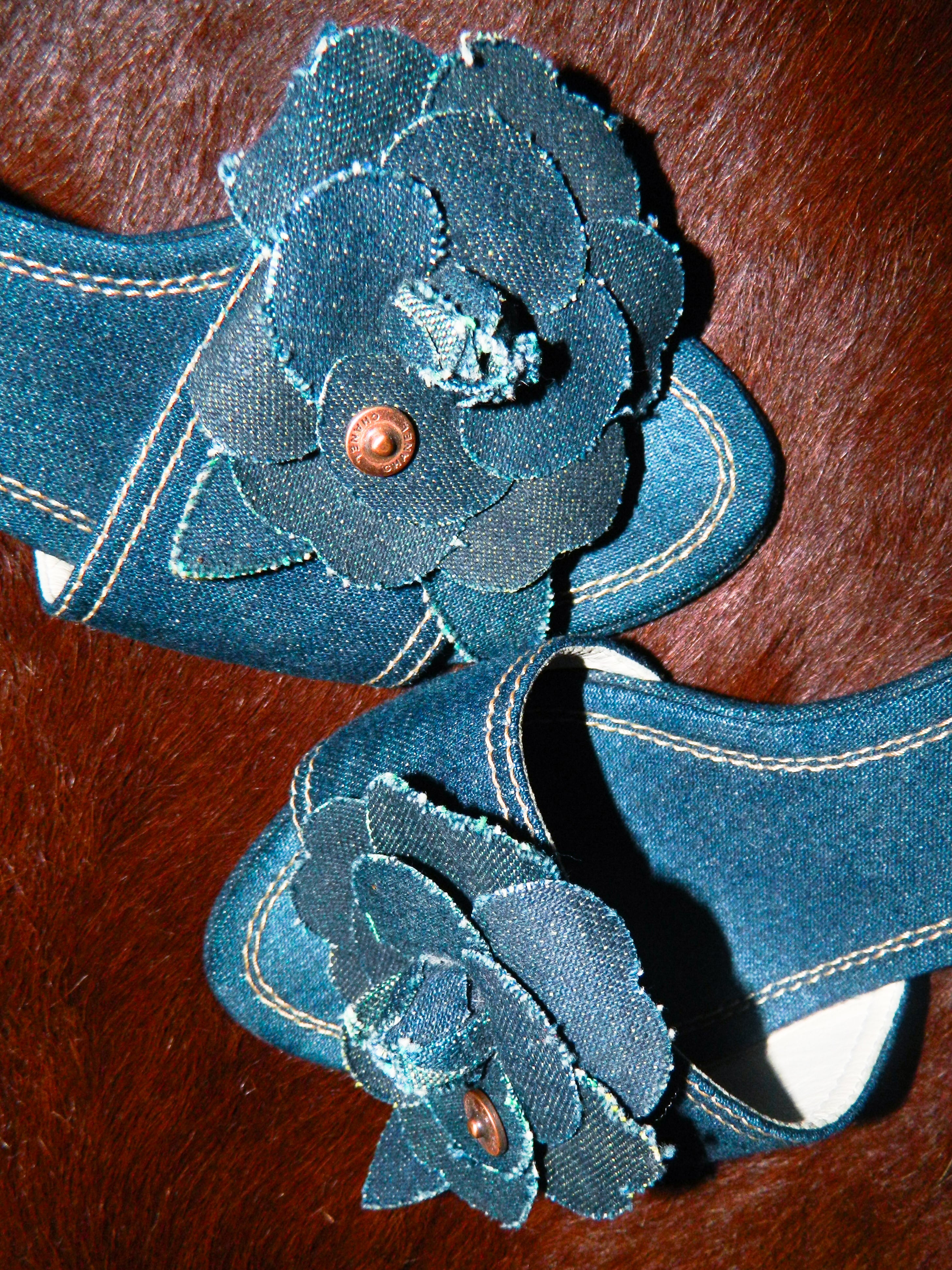 CHANEL 2007 CAMELIA DENIM HEELS