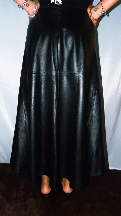 DKNY BLACK LEATHER HI-LOW SKIRT