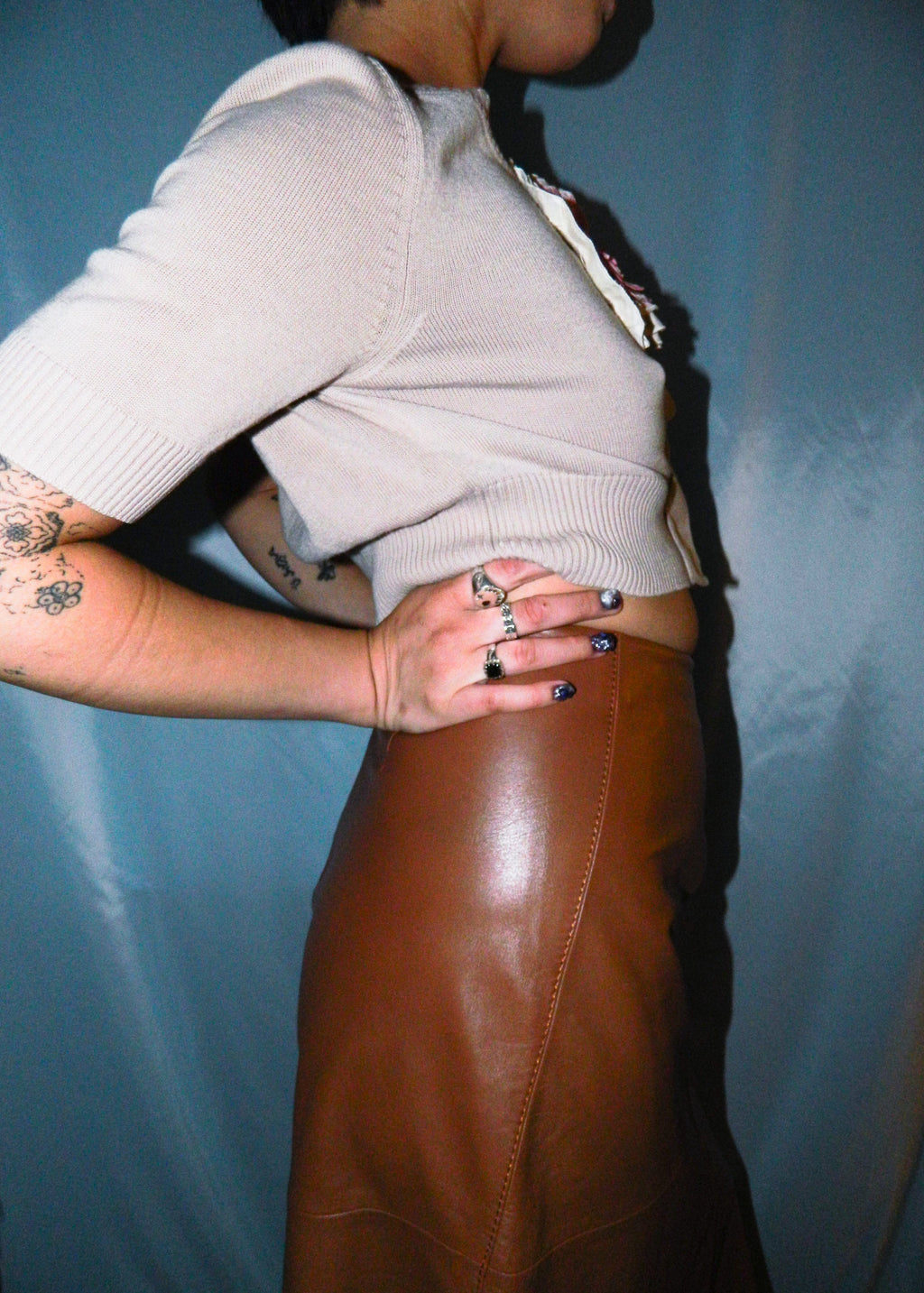 DKNY BROWN LEATHER HI-LOW SKIRT