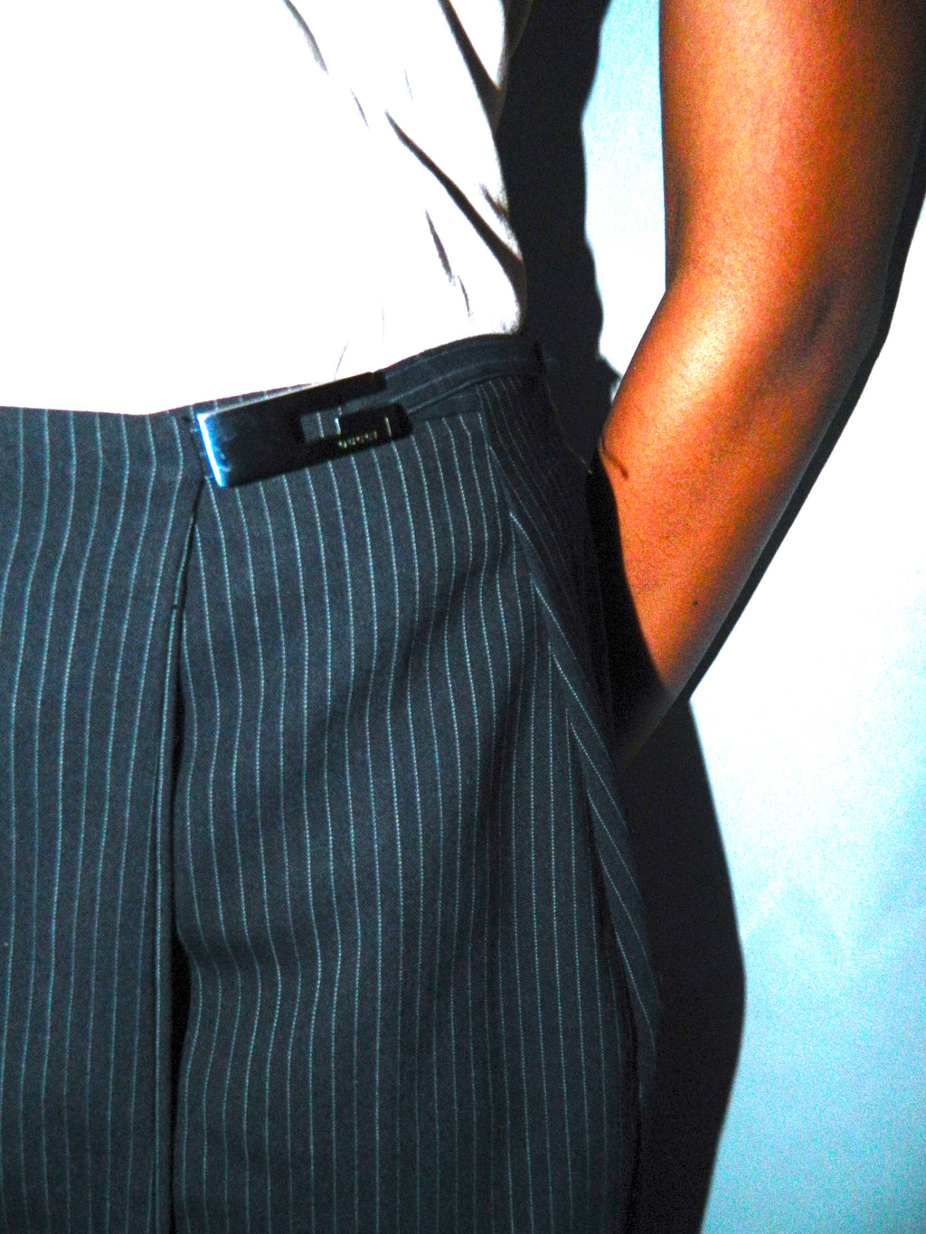GUCCI BY TOM FORD BUCKLE 'G' PINSTRIPE MINI SKIRT SS 1998
