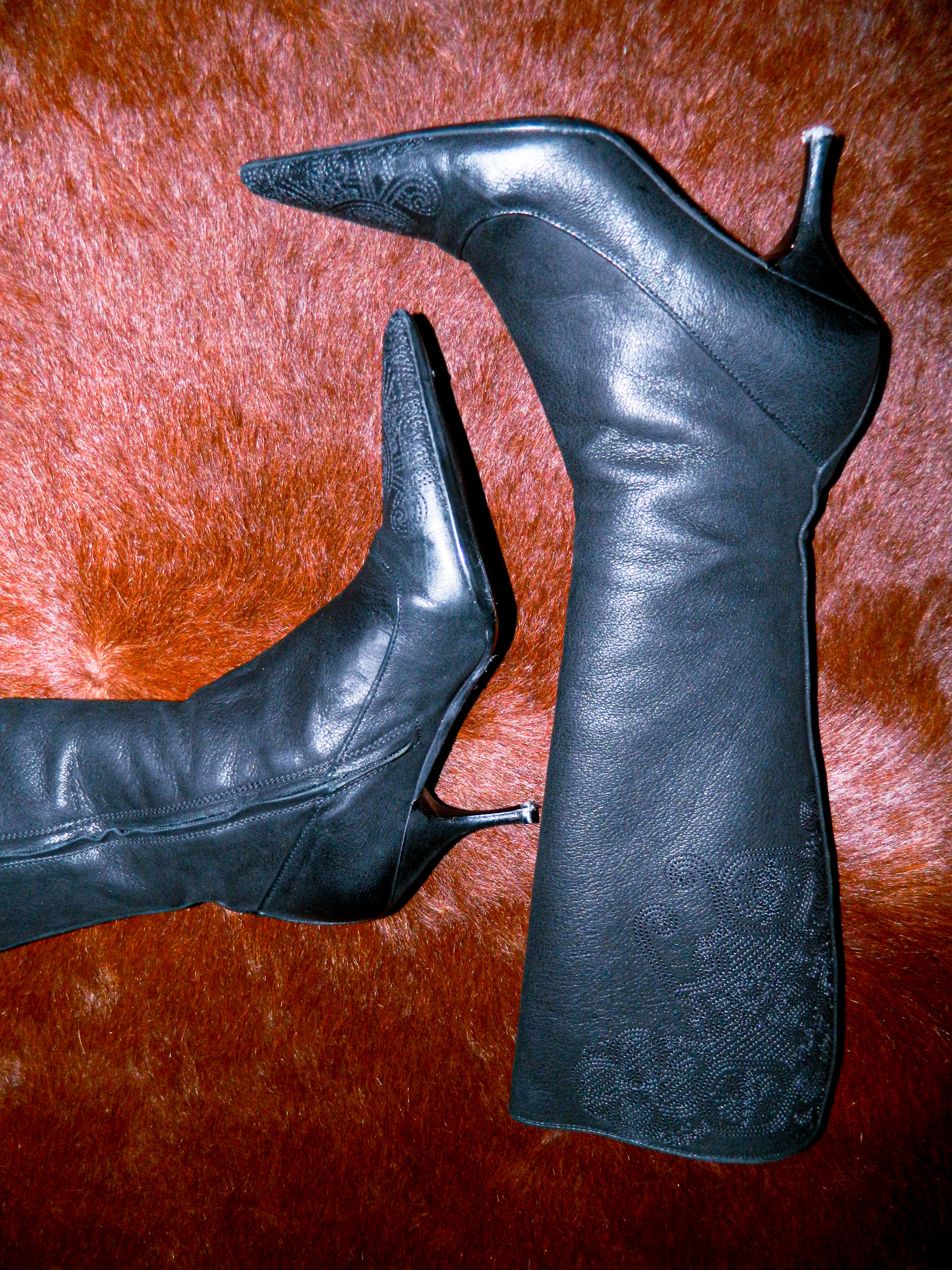 PRADA ANTIQUE FLOWER DESIGN LEATHER BOOTS