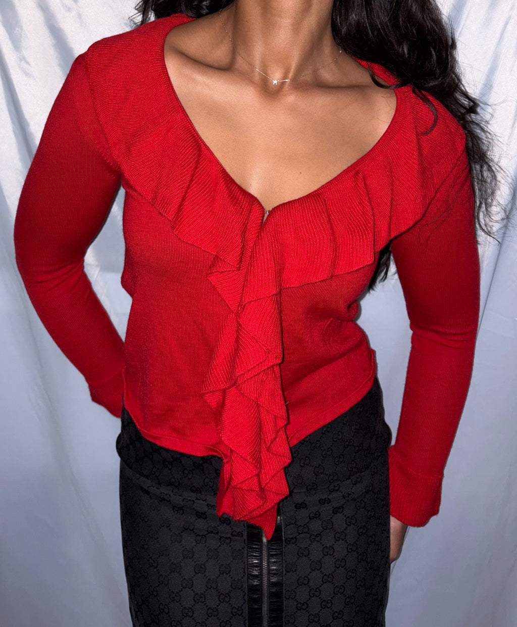 DKNY Red Ruffle Knit Top