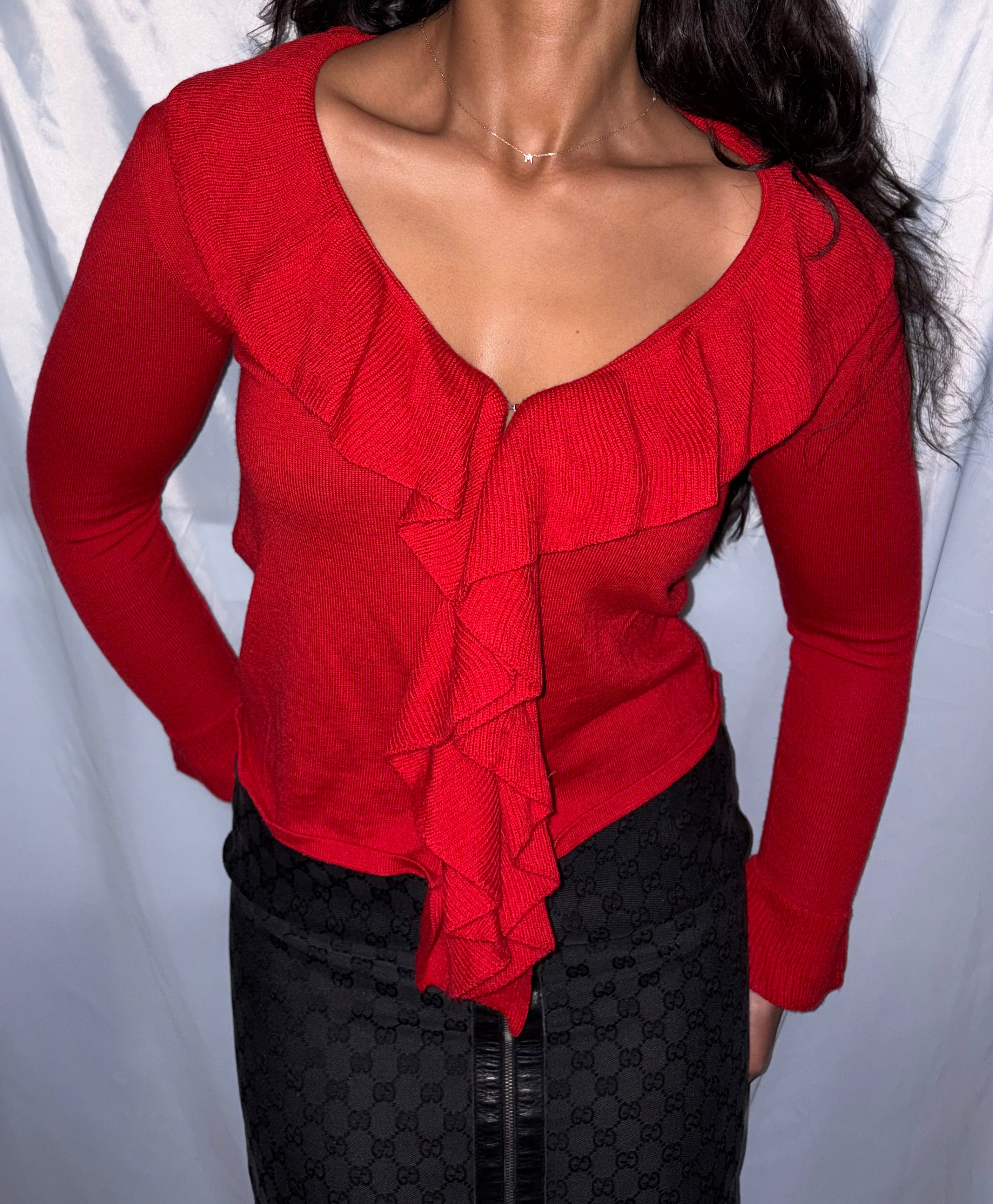 DKNY Red Ruffle Knit Top