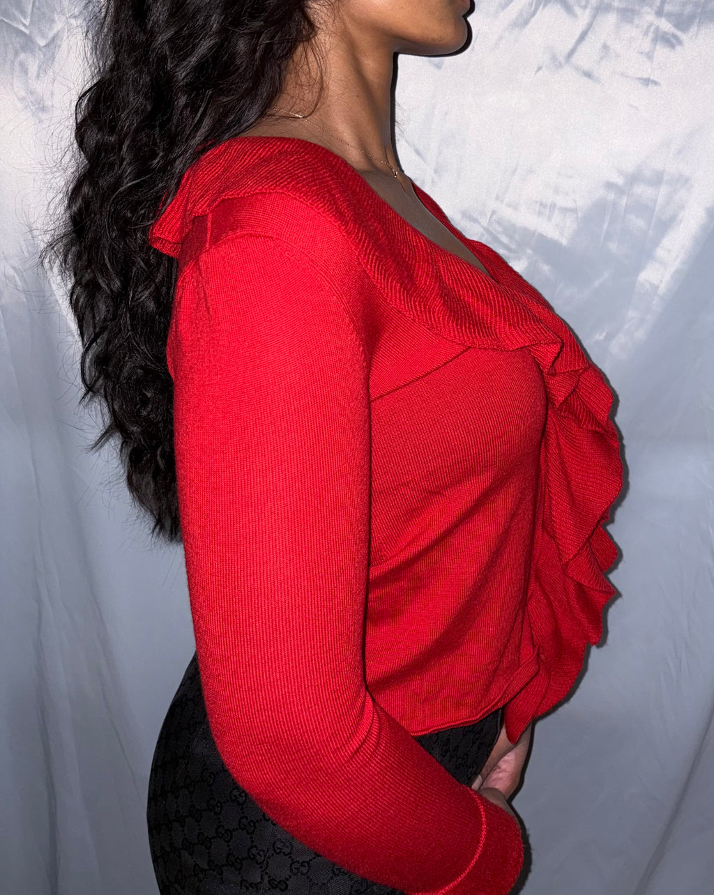 DKNY Red Ruffle Knit Top