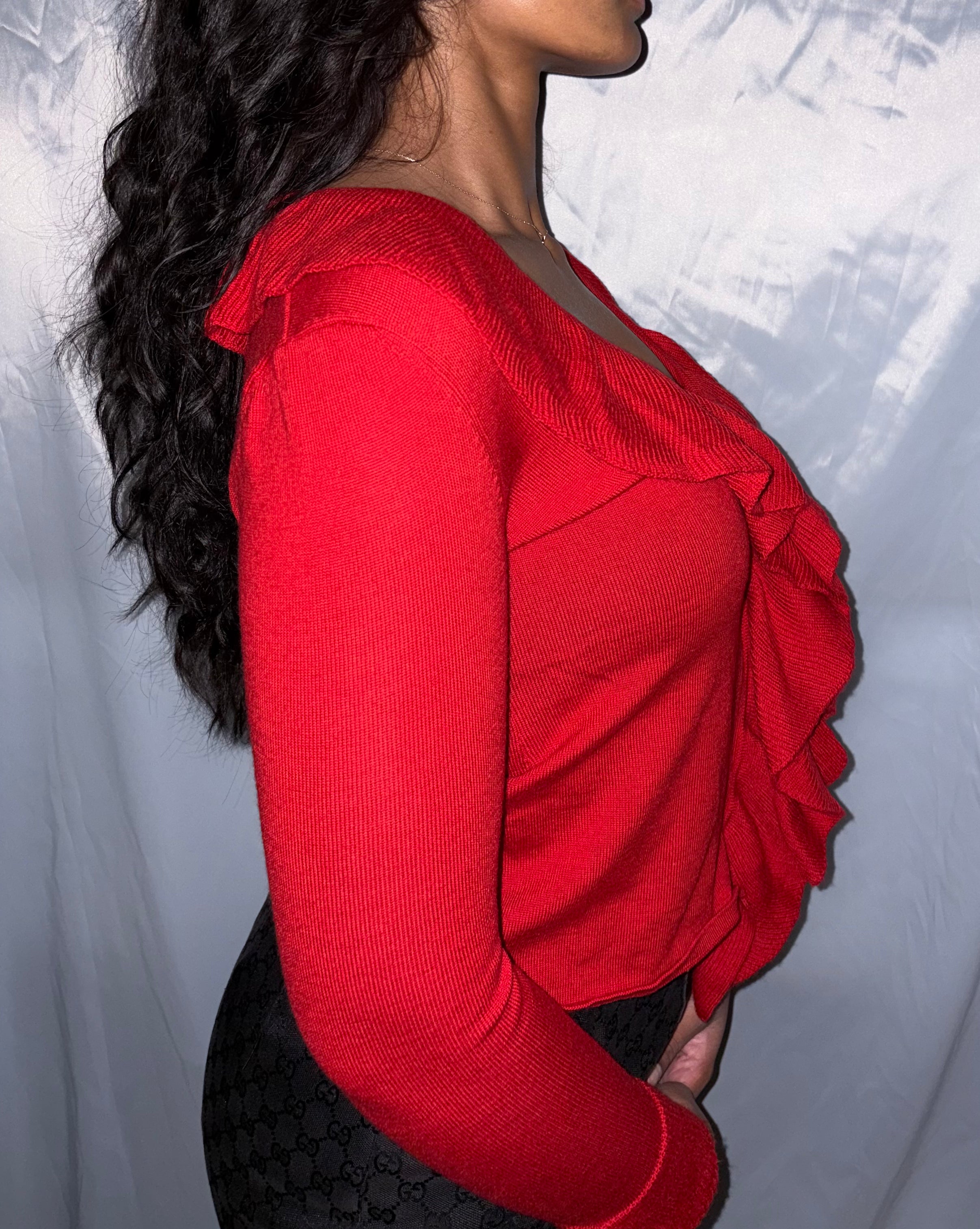 DKNY Red Ruffle Knit Top