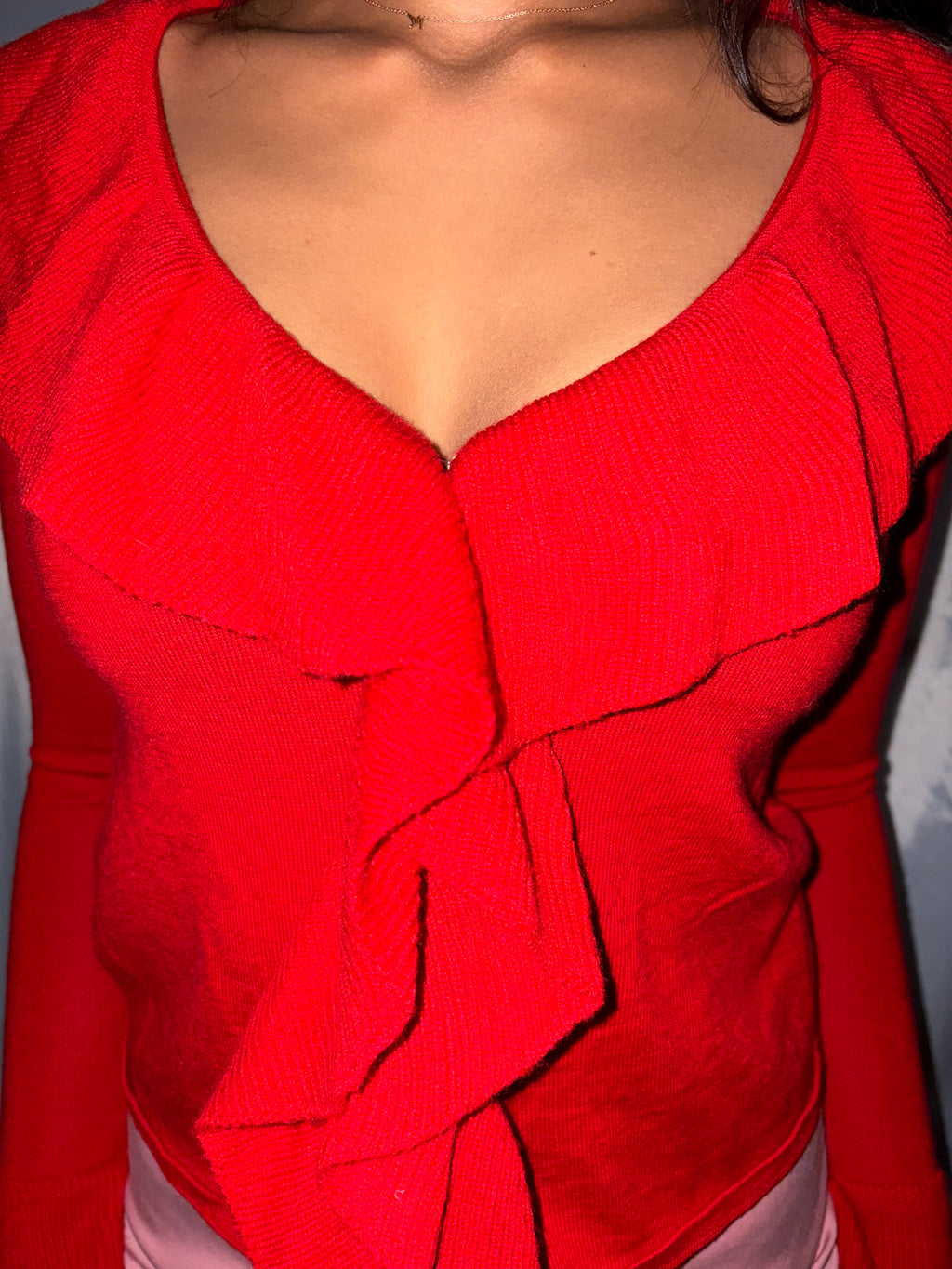 DKNY Red Ruffle Knit Top