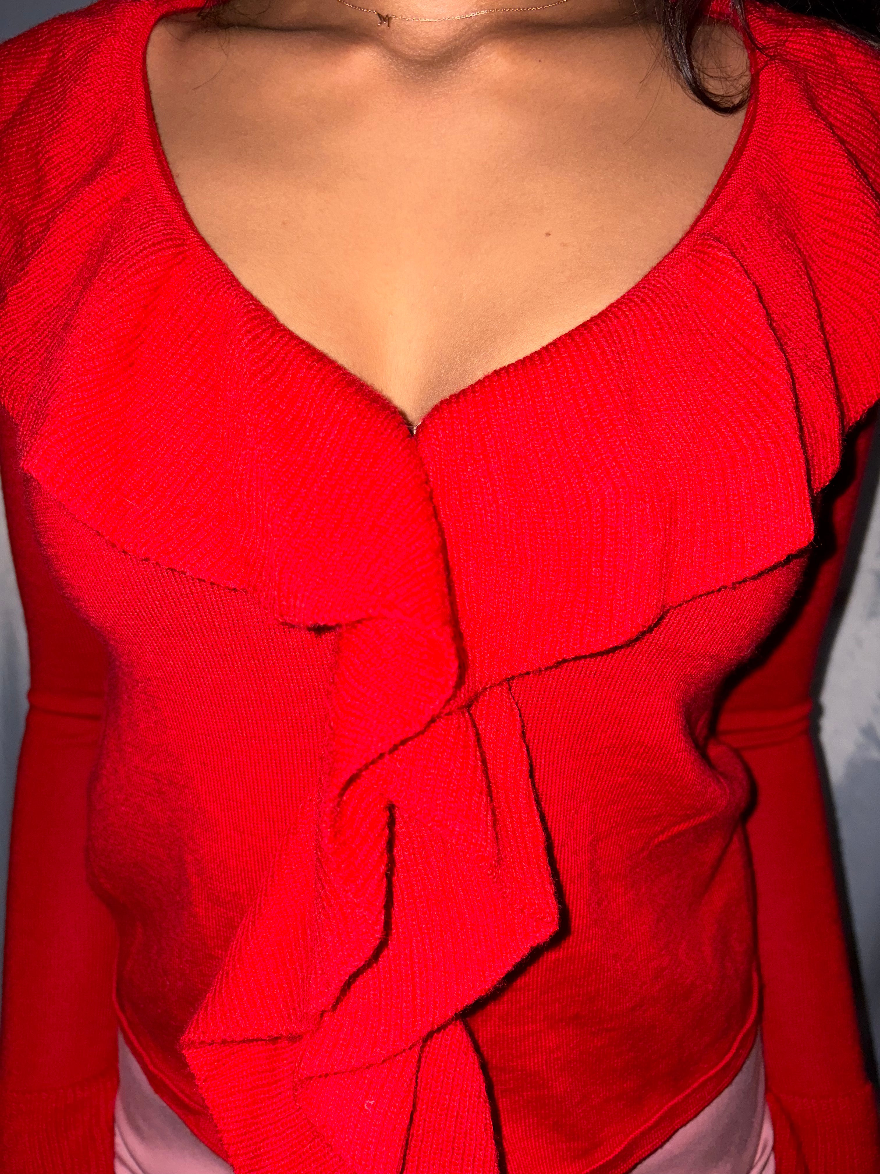 DKNY Red Ruffle Knit Top