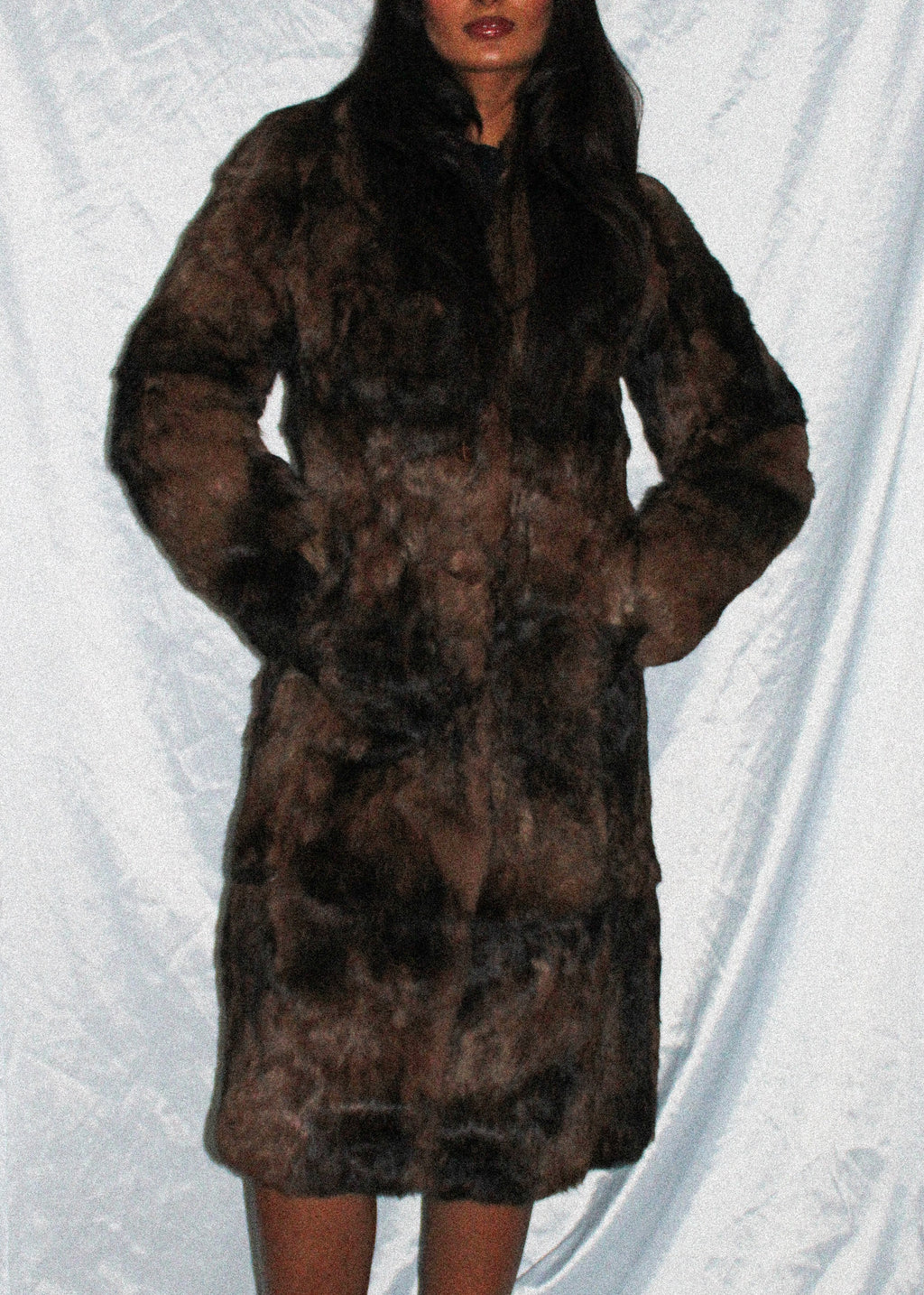 DKNY BROWN RABBIT FUR LONGLINE COAT