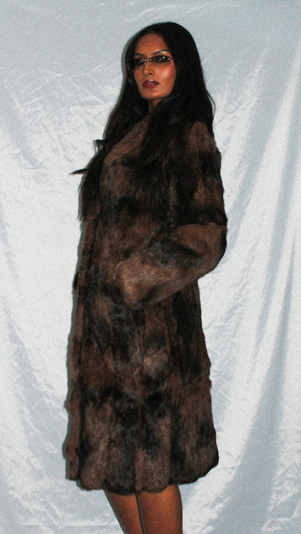 DKNY BROWN RABBIT FUR LONGLINE COAT