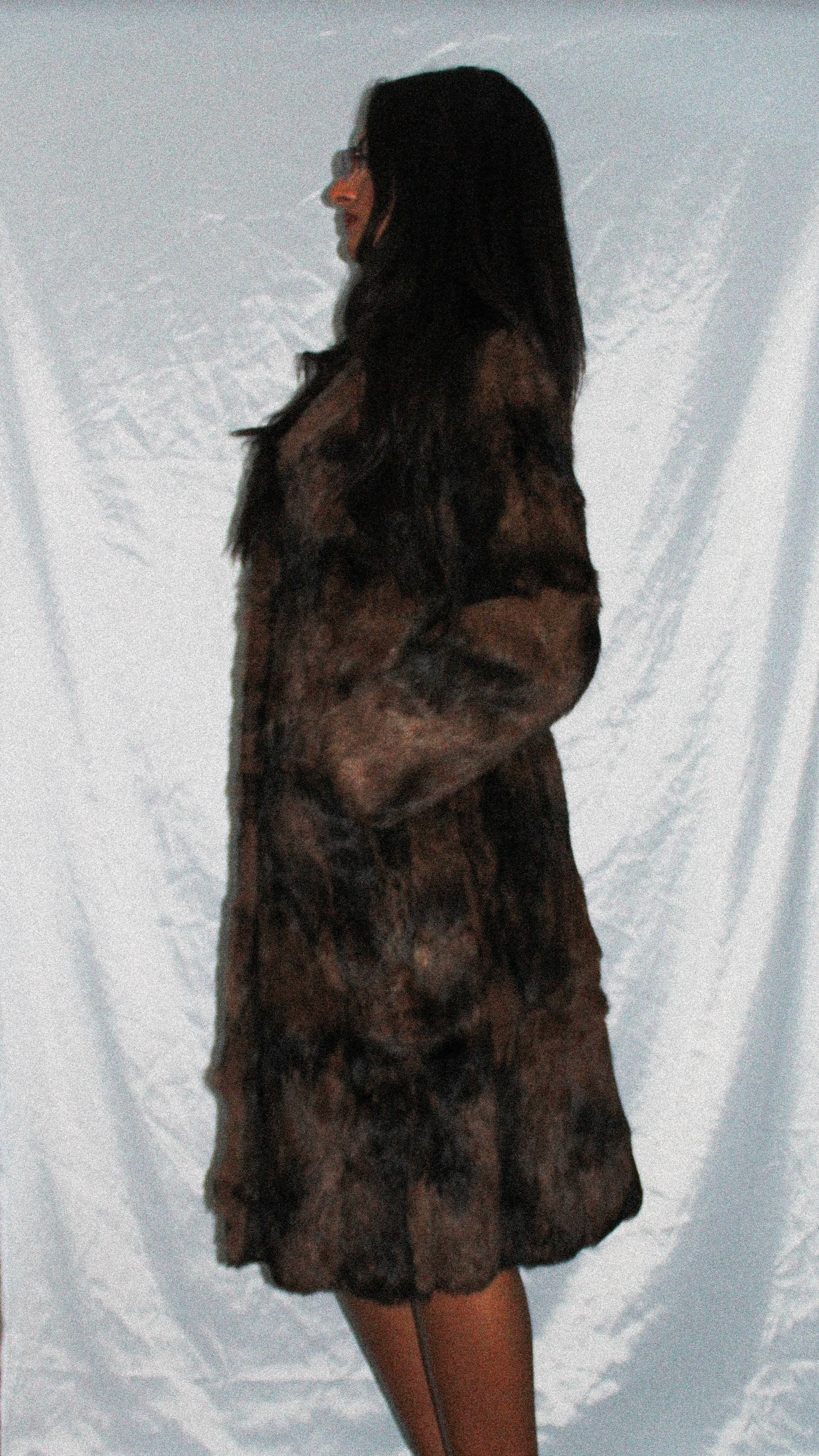 DKNY BROWN RABBIT FUR LONGLINE COAT