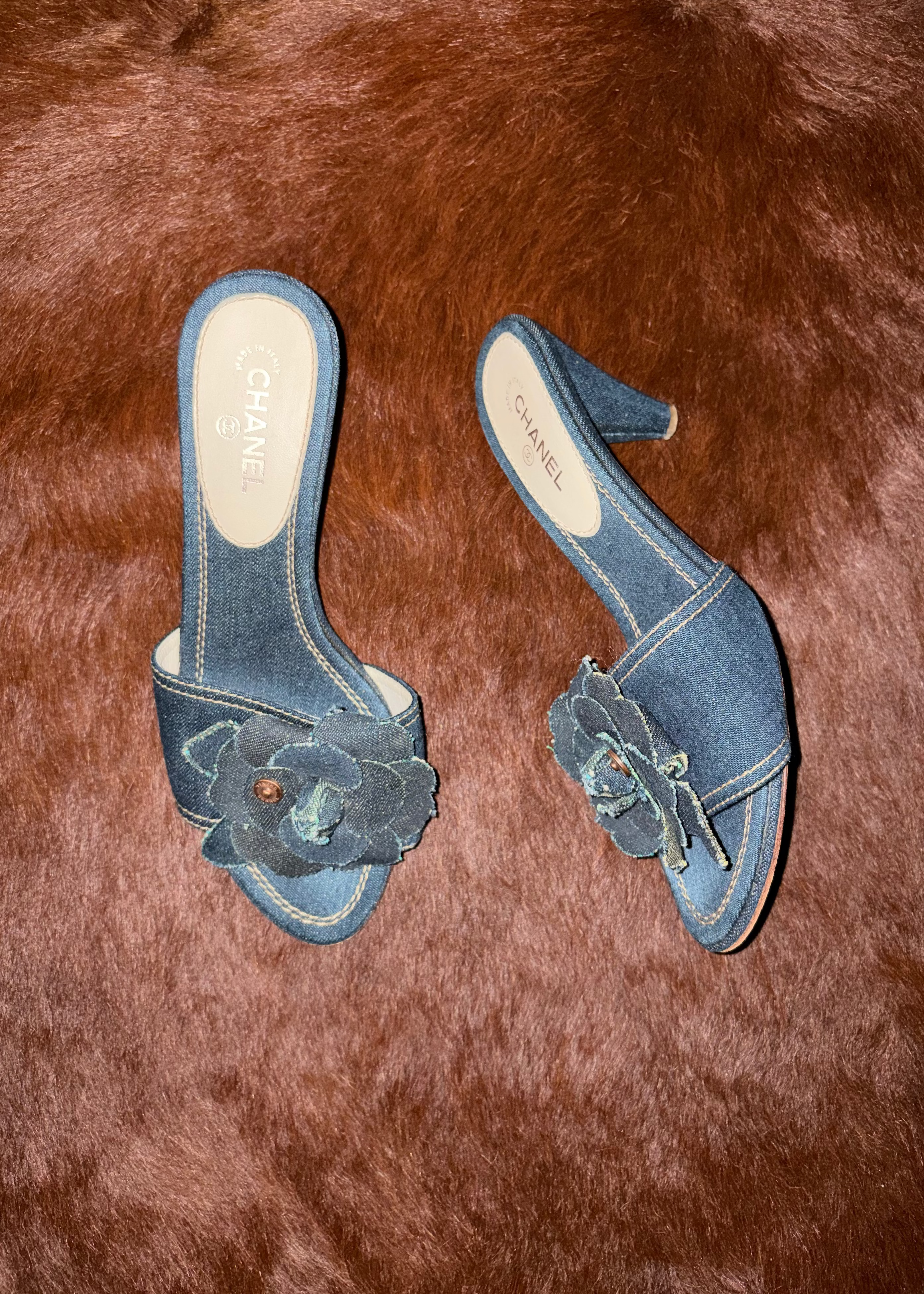 CHANEL 2007 CAMELIA DENIM HEELS