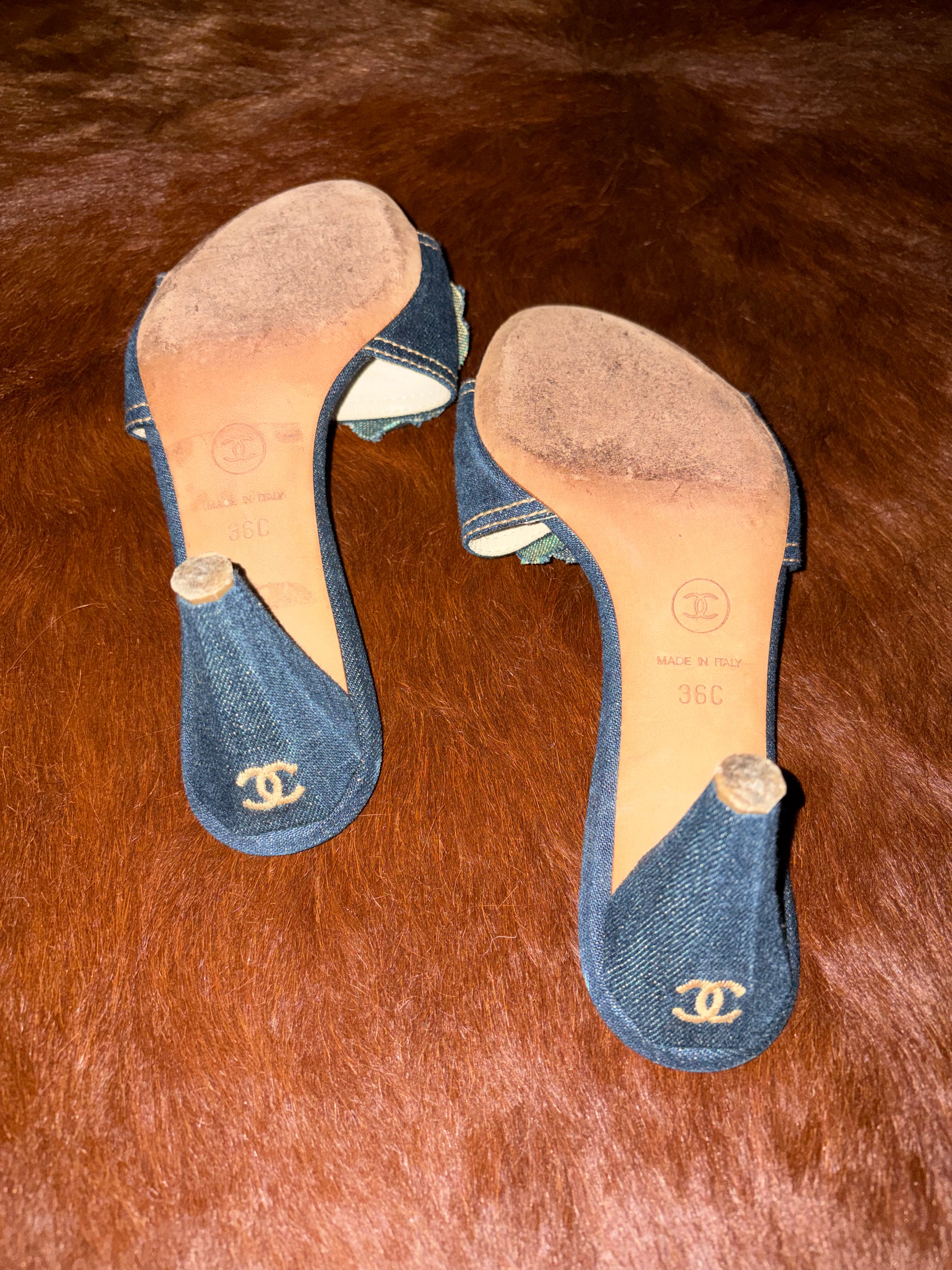 CHANEL 2007 CAMELIA DENIM HEELS
