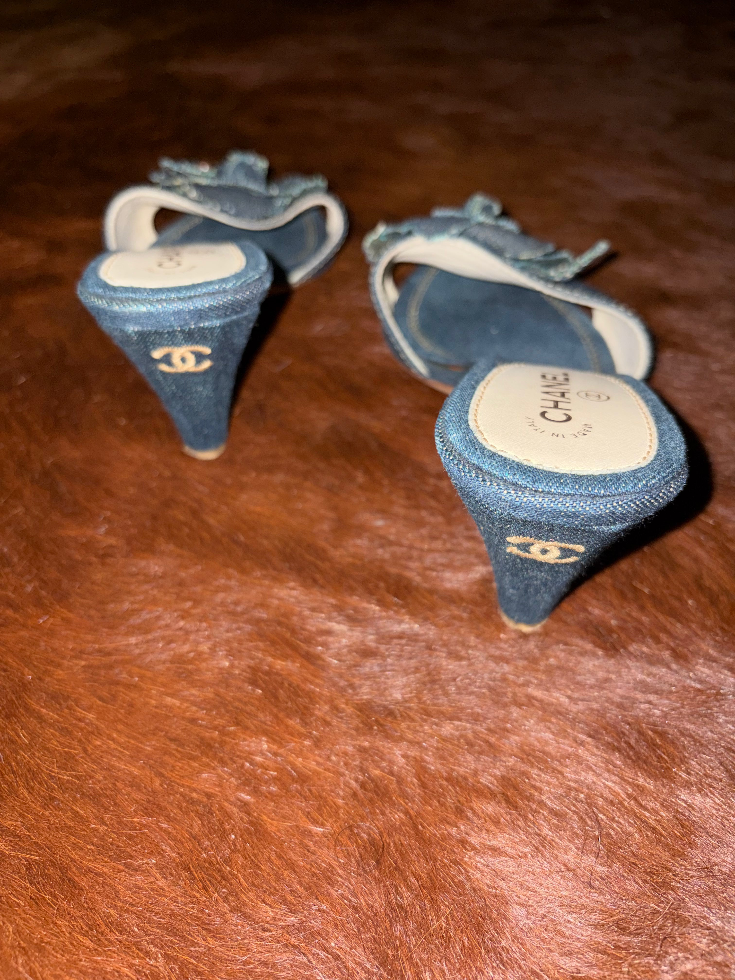 CHANEL 2007 CAMELIA DENIM HEELS