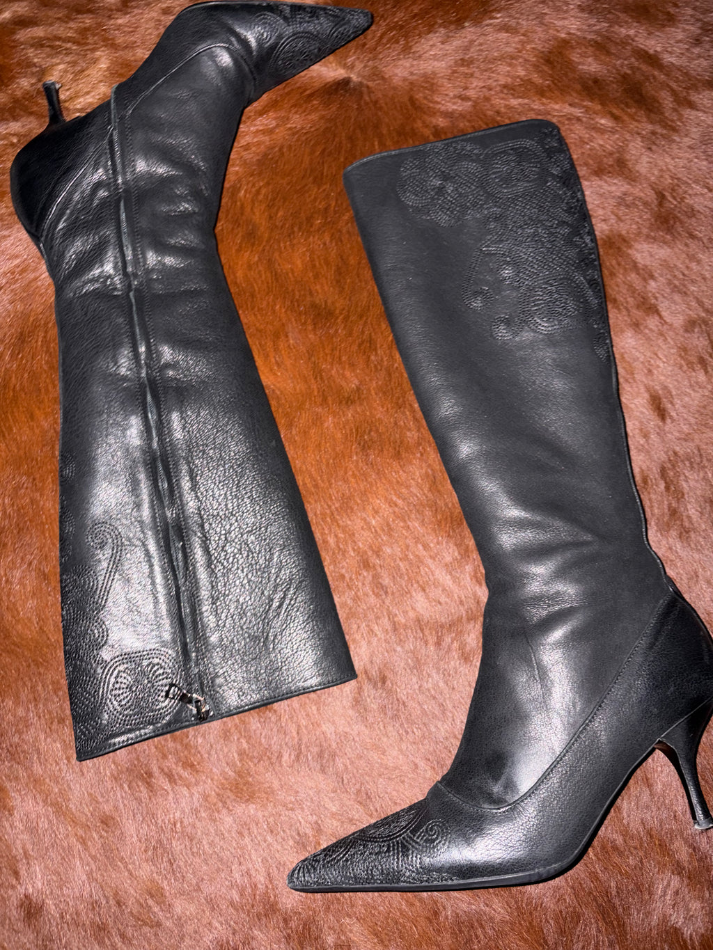 PRADA ANTIQUE FLOWER DESIGN LEATHER BOOTS