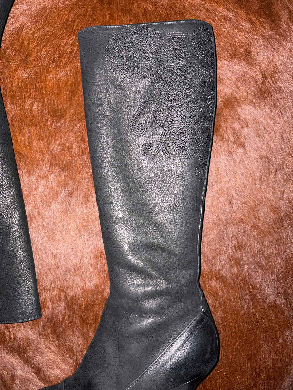 PRADA ANTIQUE FLOWER DESIGN LEATHER BOOTS