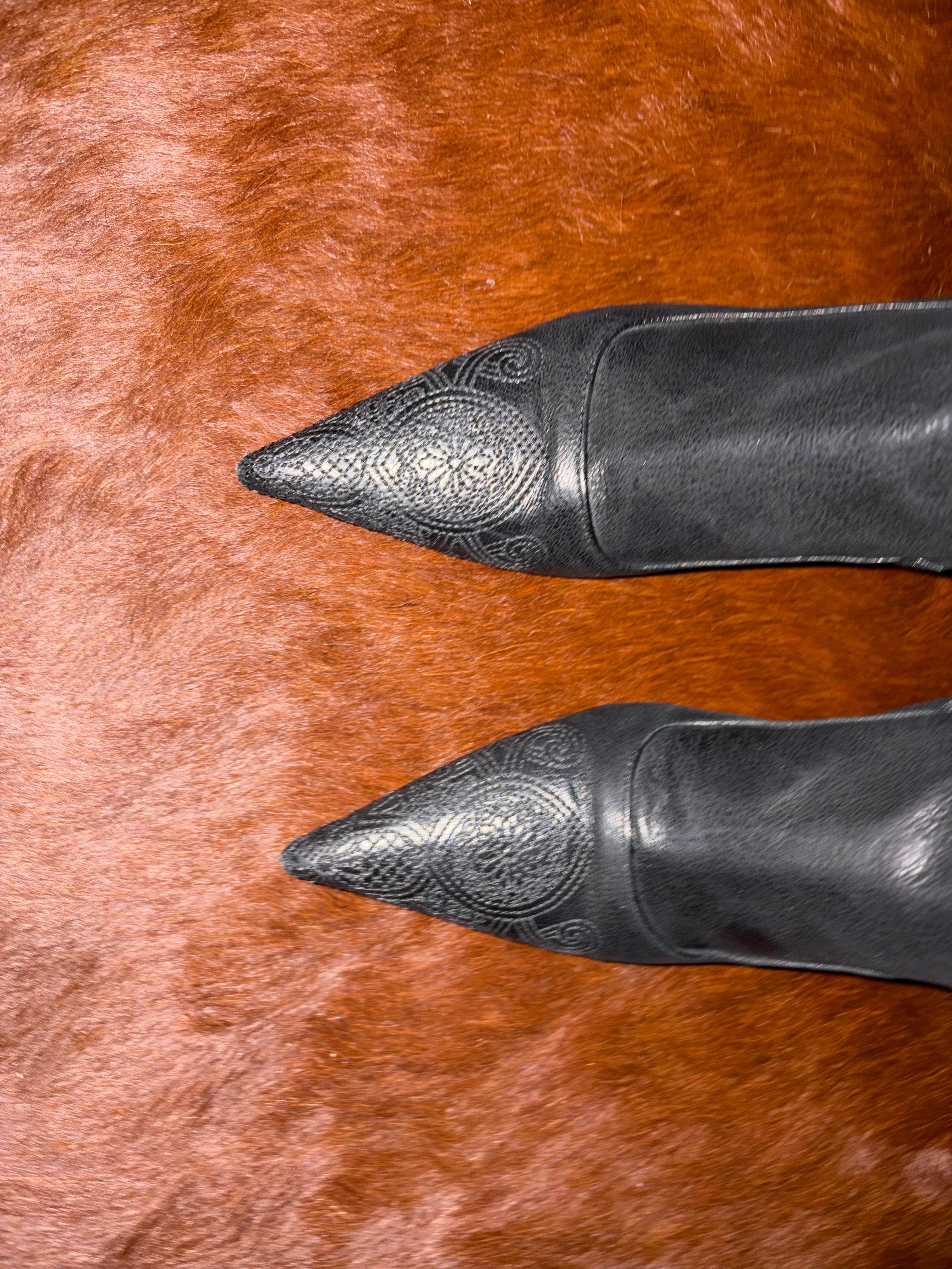 PRADA ANTIQUE FLOWER DESIGN LEATHER BOOTS