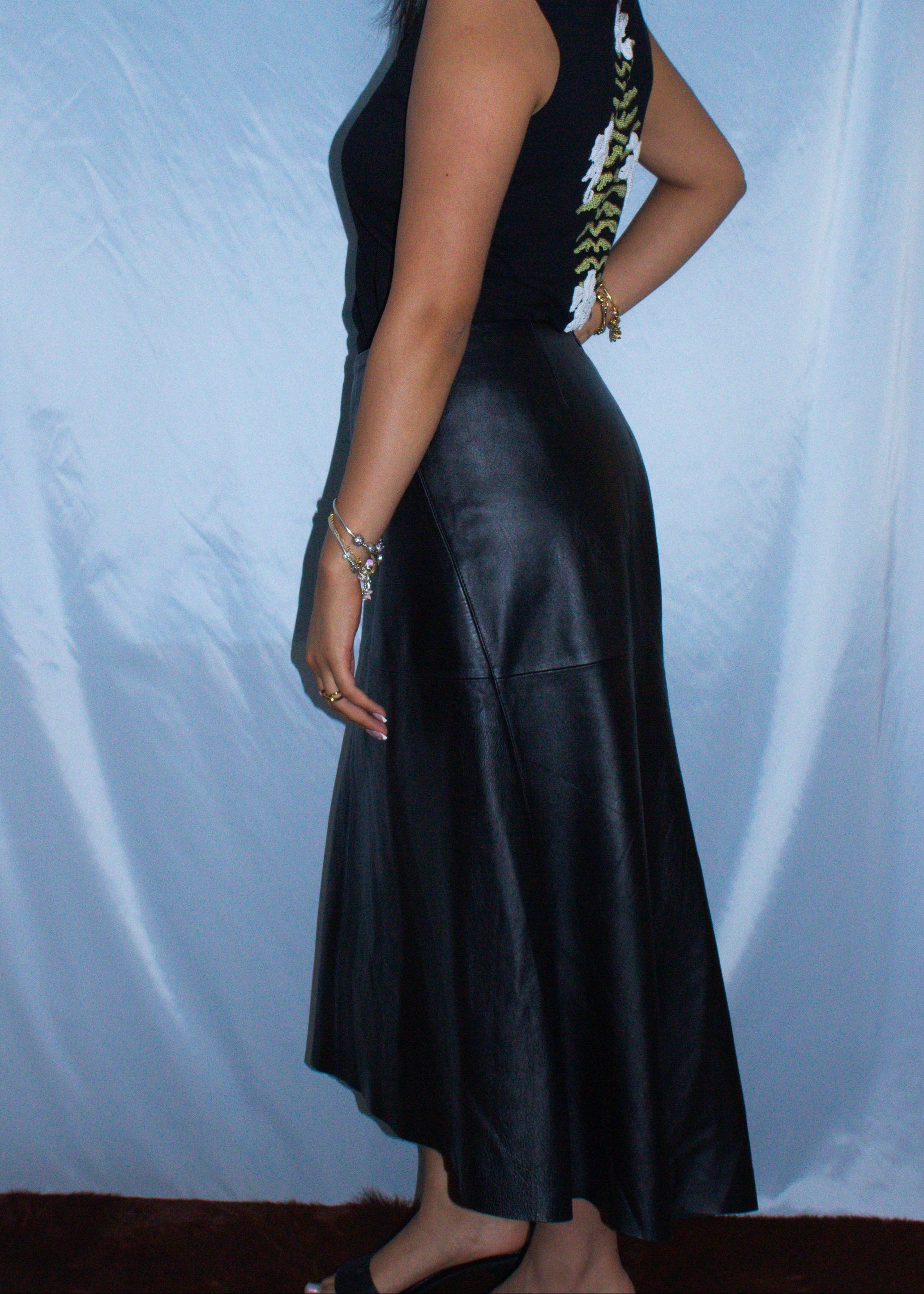 DKNY BLACK LEATHER HI-LOW SKIRT