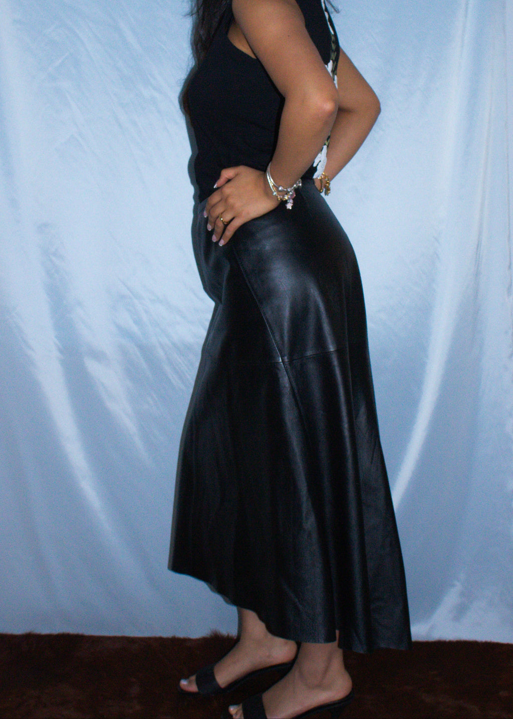 DKNY BLACK LEATHER HI-LOW SKIRT