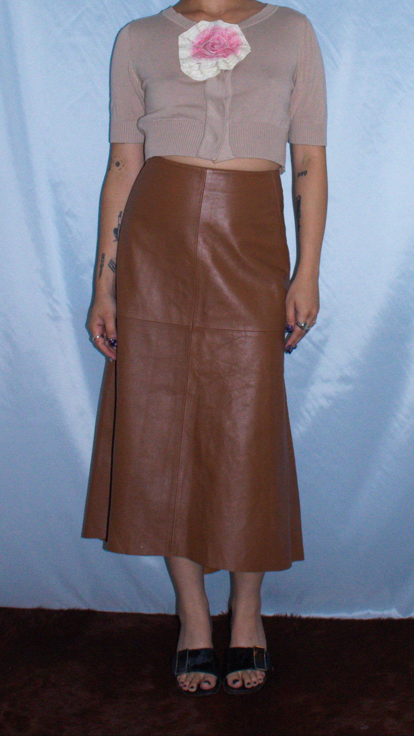 DKNY BROWN LEATHER HI-LOW SKIRT