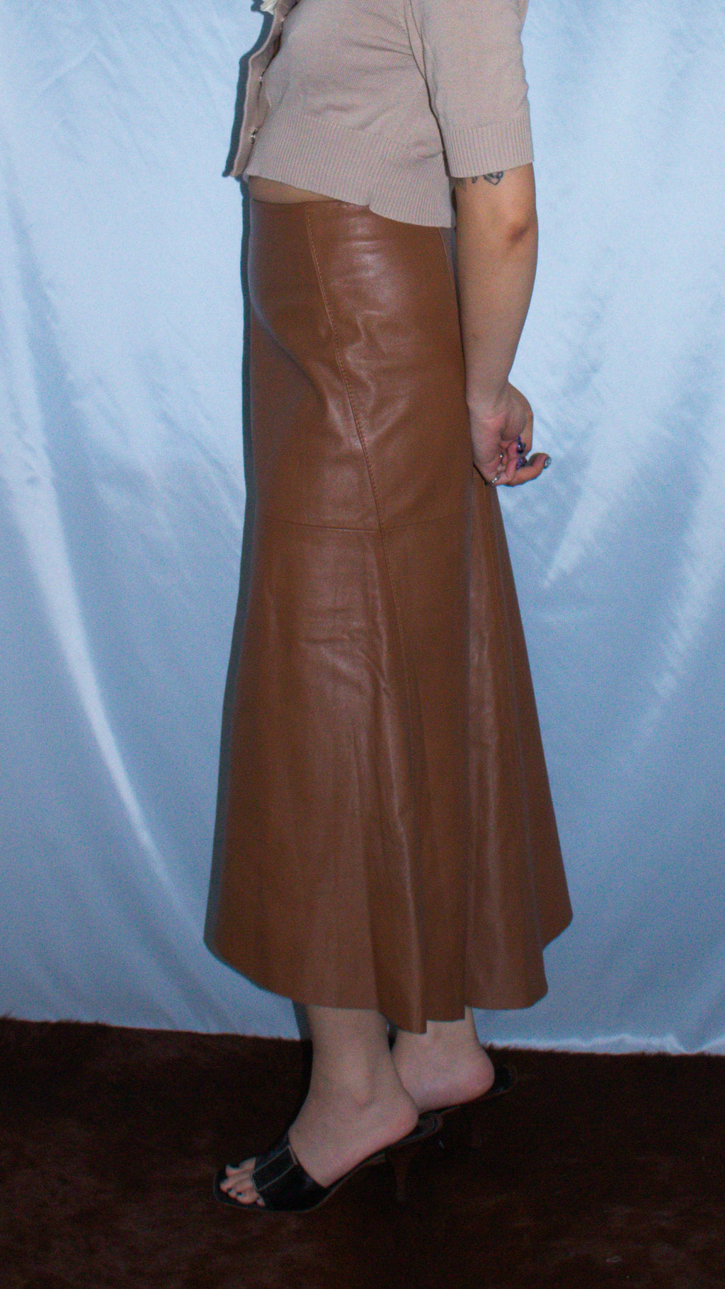 DKNY BROWN LEATHER HI-LOW SKIRT