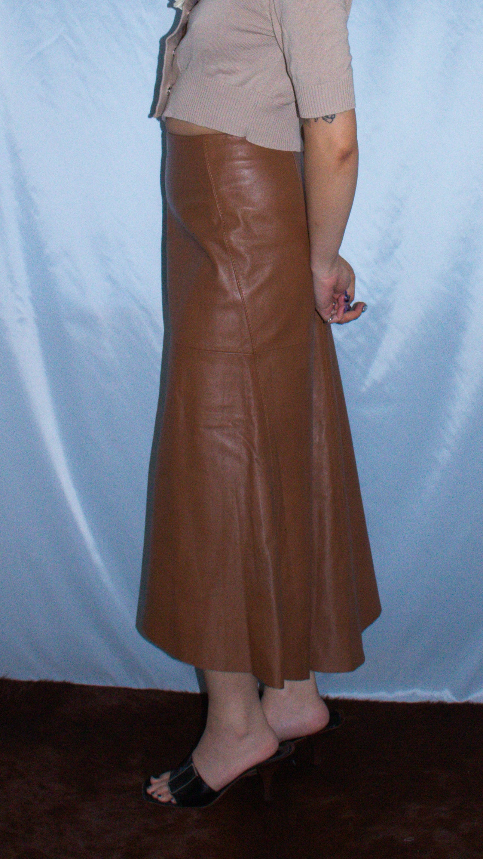 DKNY BROWN LEATHER HI-LOW SKIRT