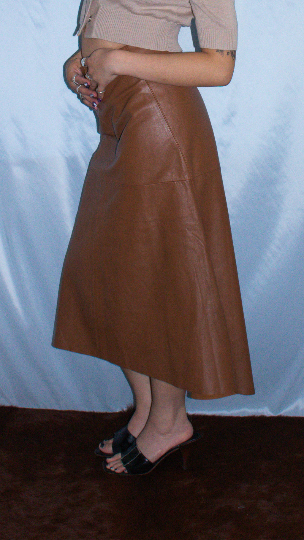 DKNY BROWN LEATHER HI-LOW SKIRT