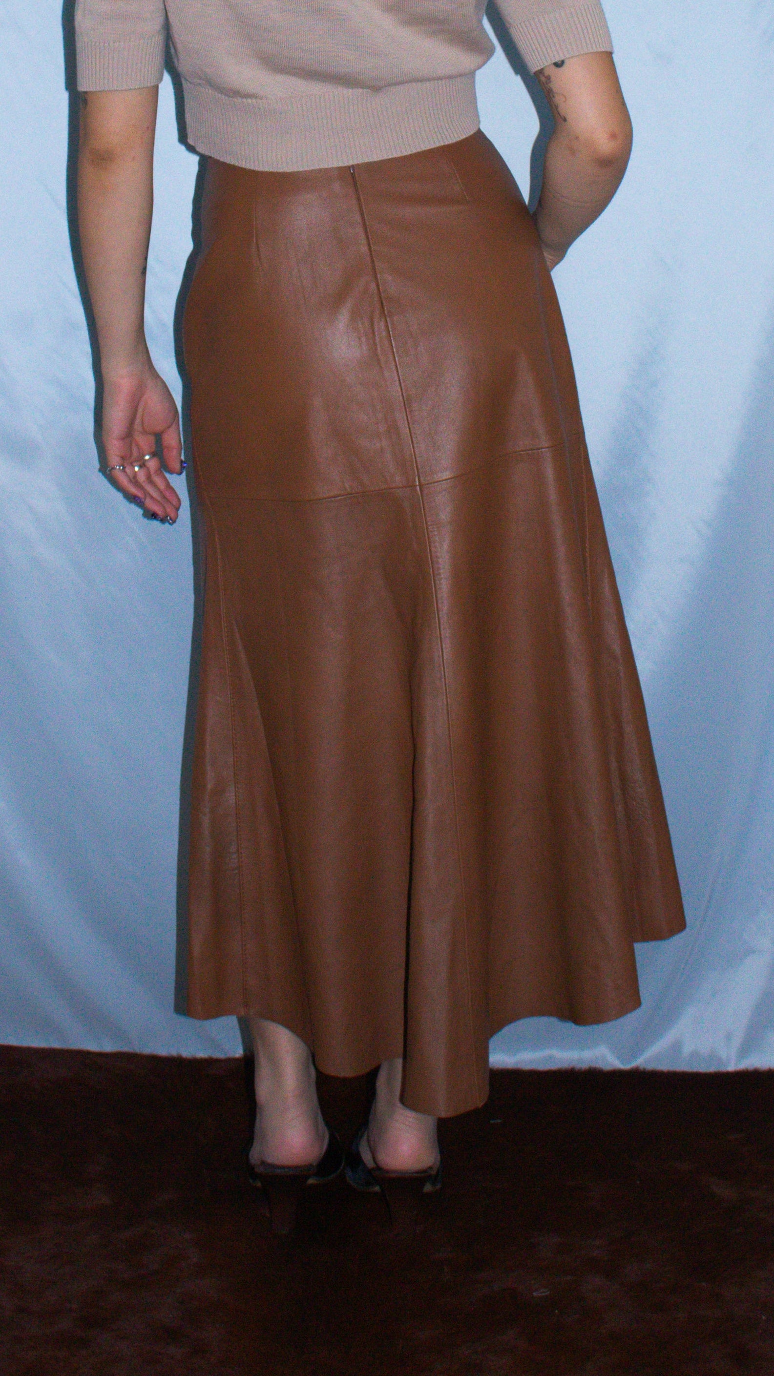 DKNY BROWN LEATHER HI-LOW SKIRT