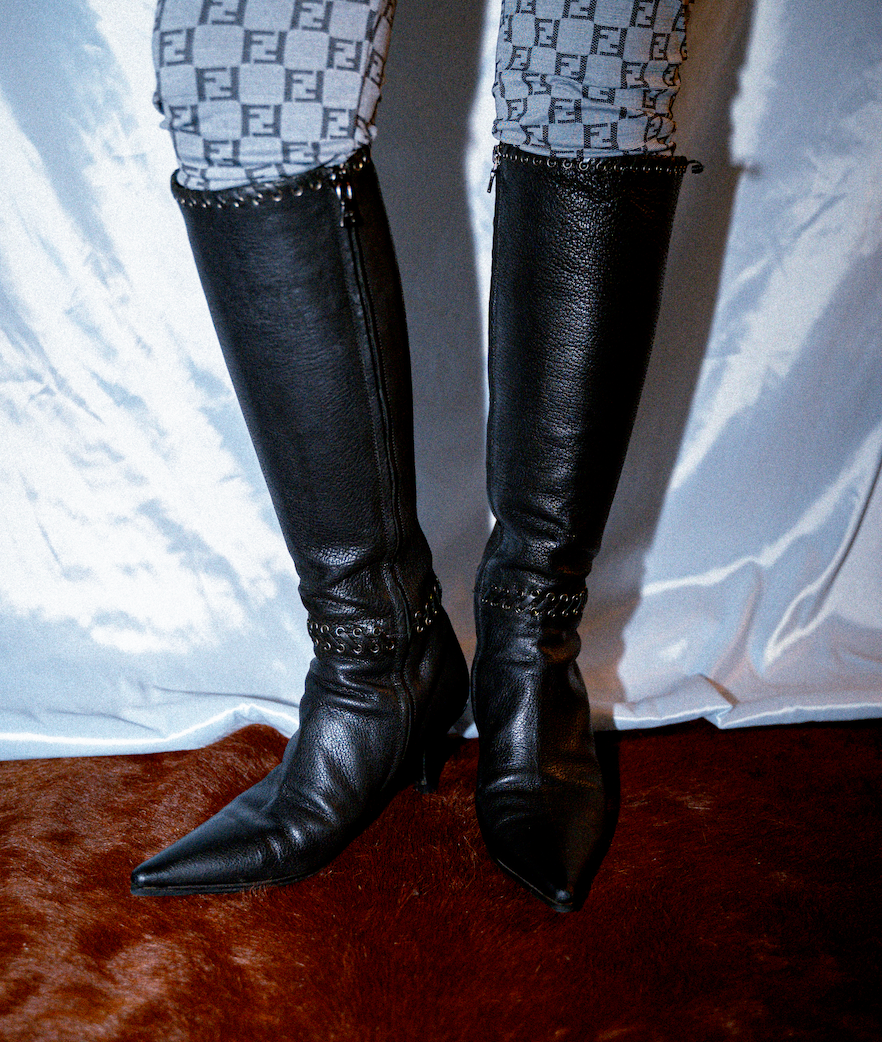 PRADA LEATHER BRAIDED BOOTS (SIZE 37)